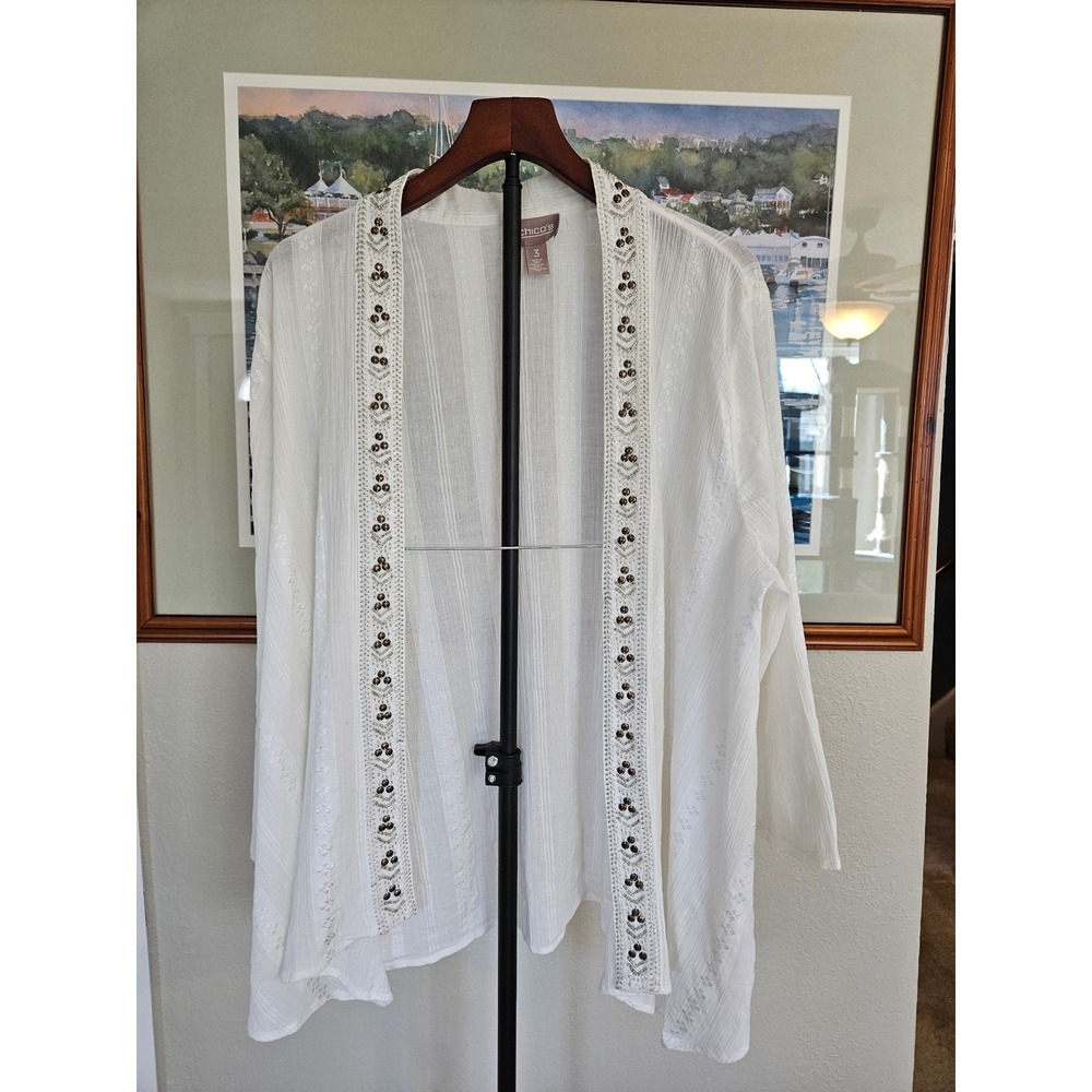 Chico's Kimono Womens XL White Beaded Embroidered Gauze Coverup Boho Coastal